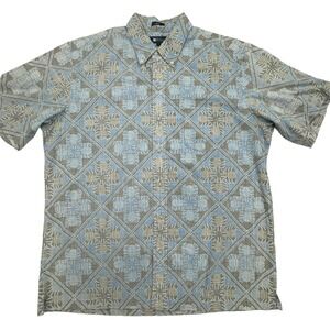 Reyn Spooner Hawaiian Shirt Mens L Blue Gray Pineapple Geometric Print Button Up